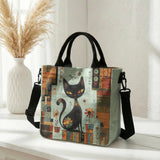 Abstract Geometric Floral Black Cat Art Print Tote Bag Detachable Strap Crossbody Handbag For Women Daily Shopping