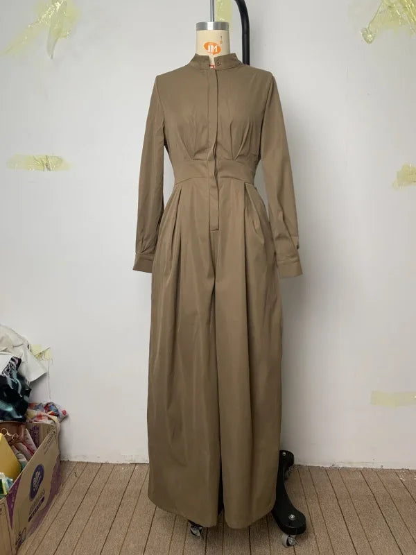 High-Waisted Wide Leg Jumpsuit - Half-Collar Long Sleeve One-Piece