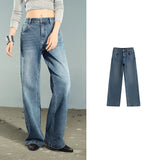 TOYOUTH Women Denim Jeans 2025 Autumn New Lycra Stretch Washed Wide Leg Straight Long Pants