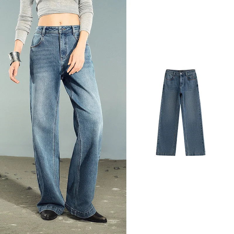 TOYOUTH Women Denim Jeans 2025 Autumn New Lycra Stretch Washed Wide Leg Straight Long Pants