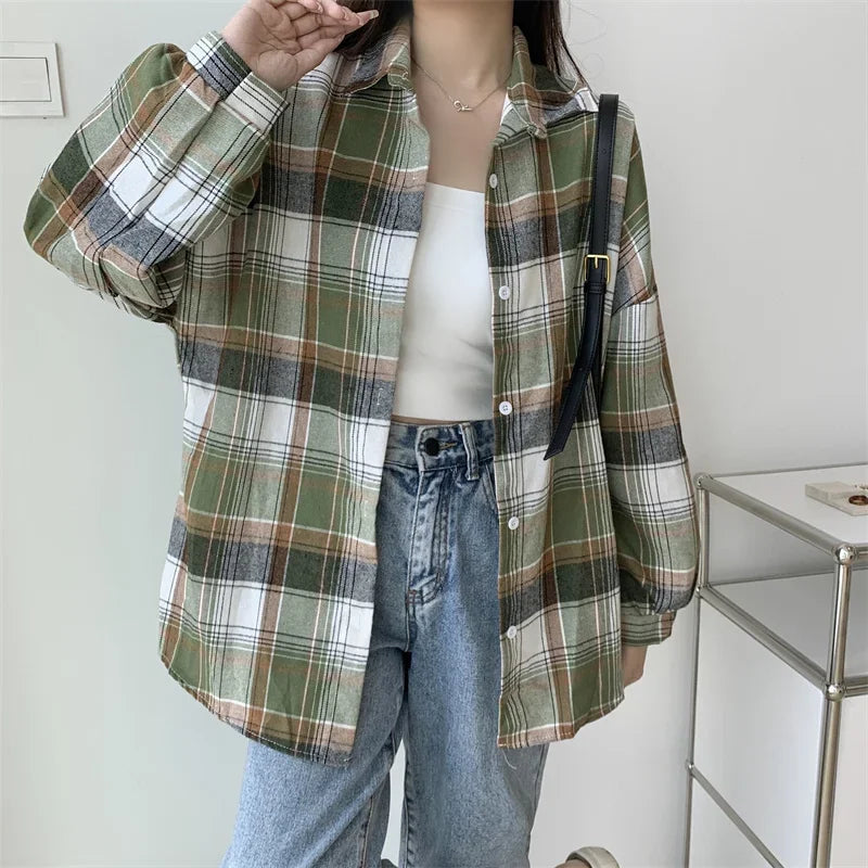 Vintage Plaid Long-Sleeve Blouse