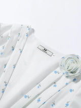 Women Floral Dress Choker Tie Midi Dress Deep V Long Sleeve Belt Waist Club Mini Dress Summer Wear Woman Clothes Daily Outfit