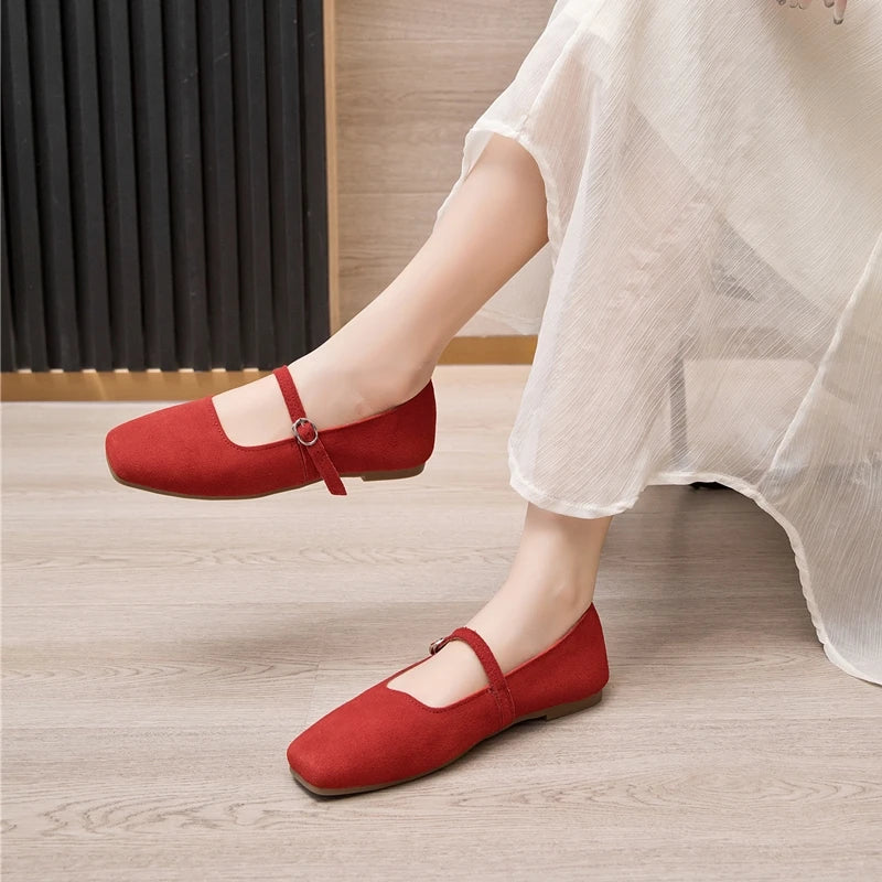 AIYUQI Women's Genuine Leather Square-Toe Ballet Flats