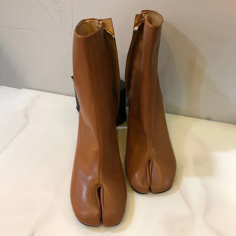 Luxury Leather Tabi Split Toe Ankle Boots - Women's High Heel