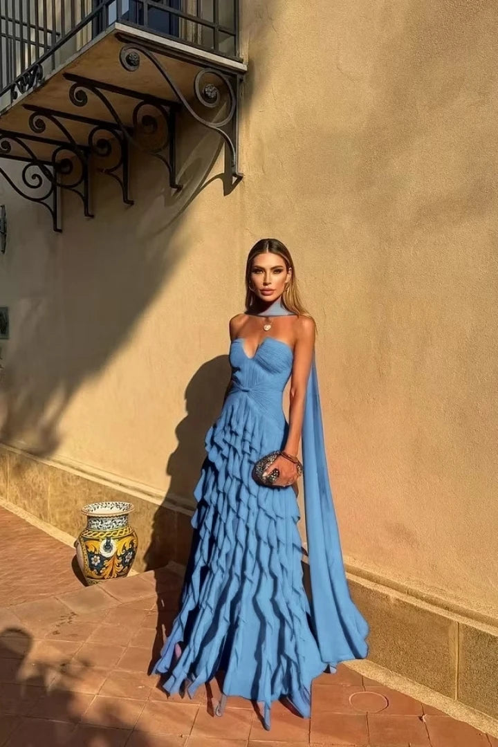 Halter Sweetheart Ruffle Chiffon Evening Gown | Maxi Dress