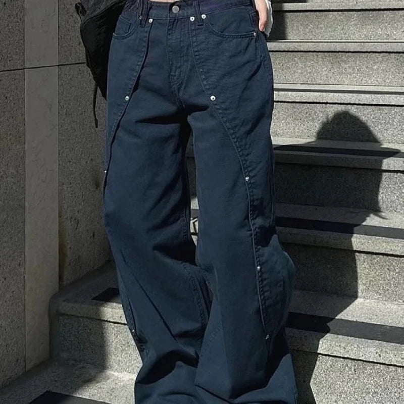 Vintage Rivet Patchwork Wide-Leg Jeans