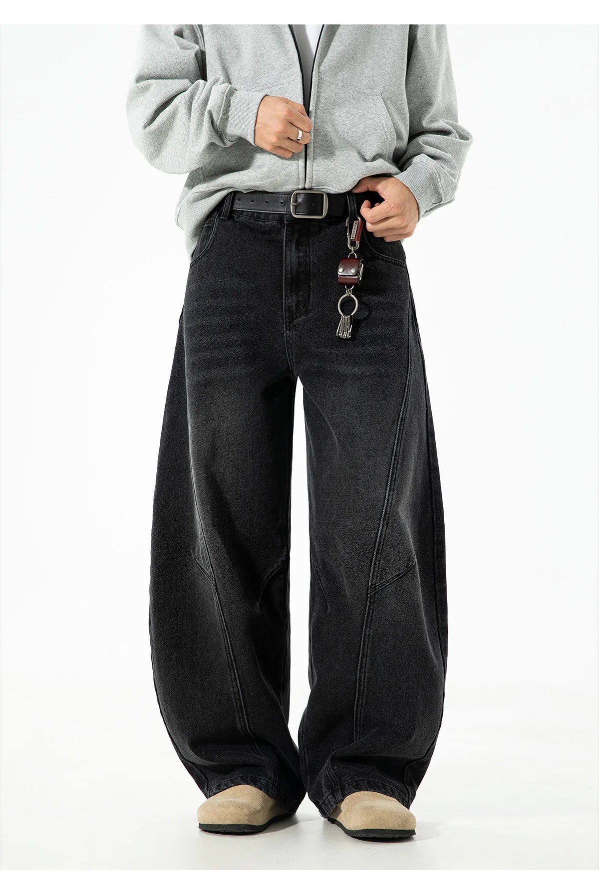 Autumn Retro Structured Split Washed Distressed Curved Jeans with Men's Silhouette Loose Straight Leg Pants Trendy Street Style