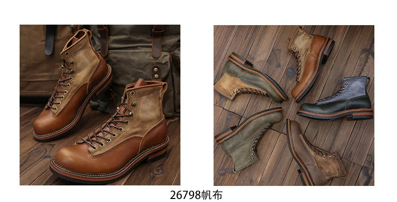 KOWM Hiking shoes men's walking boots British cowhide high top motorcycle boots ankle casual sneakers trekking shoes thick soled