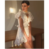 Women Elegant Printed Short Dress Chic V-neck Short Sleeve A-line Bodycon Mini Dresses 2026 Lady New Summer Vacation Street Robe