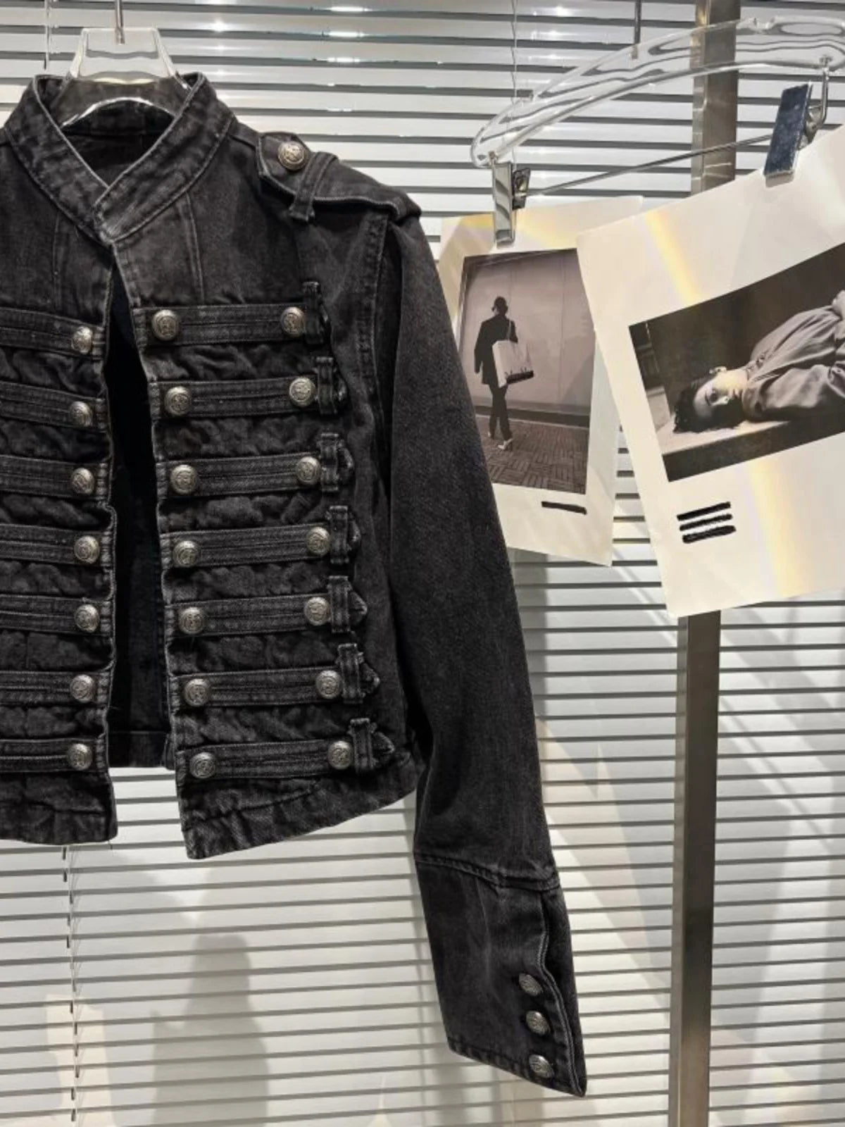 Punk Style Black Stand Up Collar Denim Jacket - Vintage Washed Motor Coat