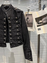 Punk Style Black Stand Up Collar Denim Jacket - Vintage Washed Motor Coat