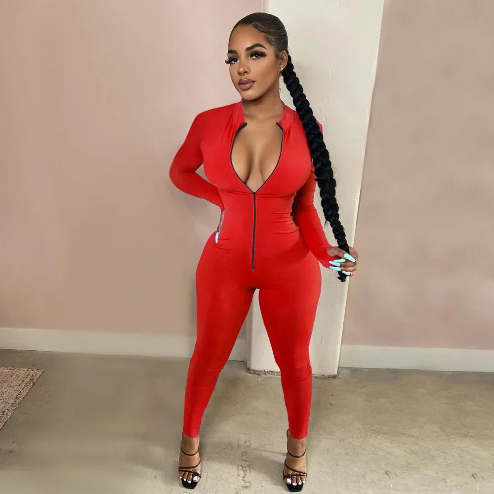 Sleek Deep-V Zip-Front Bodycon Romper – Athletic Fitness Jumpsuit