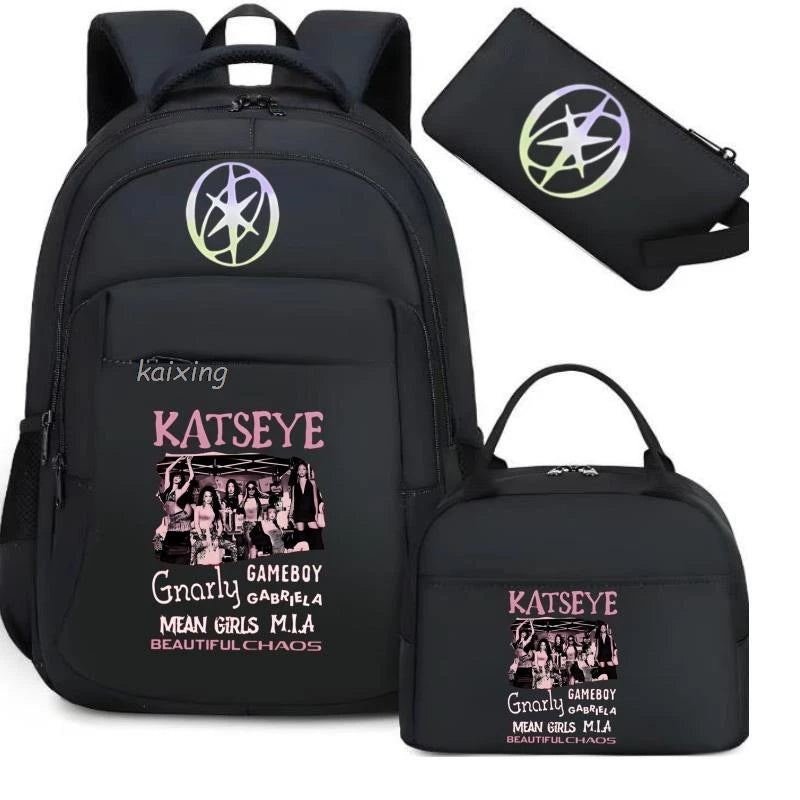 Hot Katseye Funny Print Backpacks WIth Lunch Bags Multi-pocket Camouflage Teens Travel Laptop Backpack Women School Bag Mochila