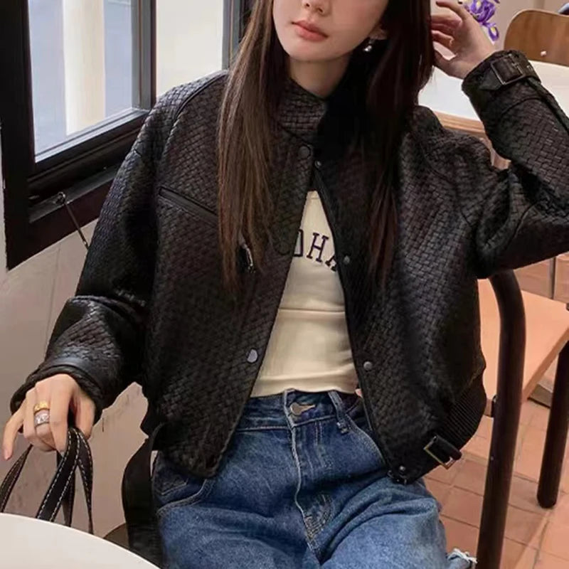 Natural Sheepskin Coat Women Autumn European and American Fashion Short Motorcycle Casual High Quality Hand-Woven Leather Jacket