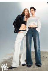 TOYOUTH Women Denim Jeans 2025 Autumn New Lycra Stretch Washed Wide Leg Straight Long Pants