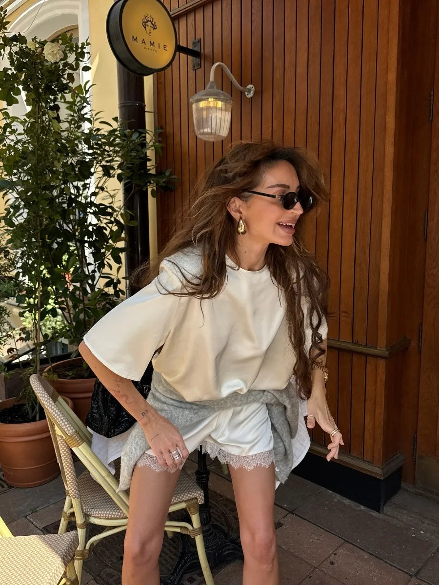 Hirsionsan Loose Sets Women Two Pieces Short Tops & Lace Patchwork Shorts Elegant Female High Quality Outfits Soft Tracksuit