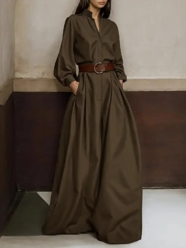 High-Waisted Wide Leg Jumpsuit - Half-Collar Long Sleeve One-Piece