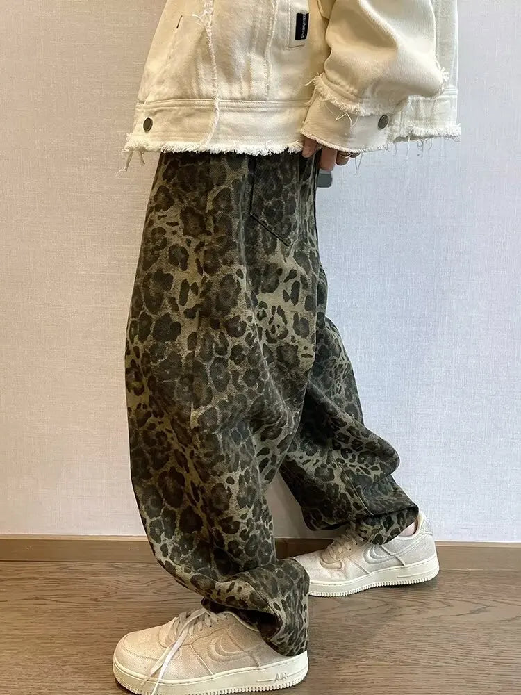 Men's Leopard Print Wide-Leg Denim Jeans