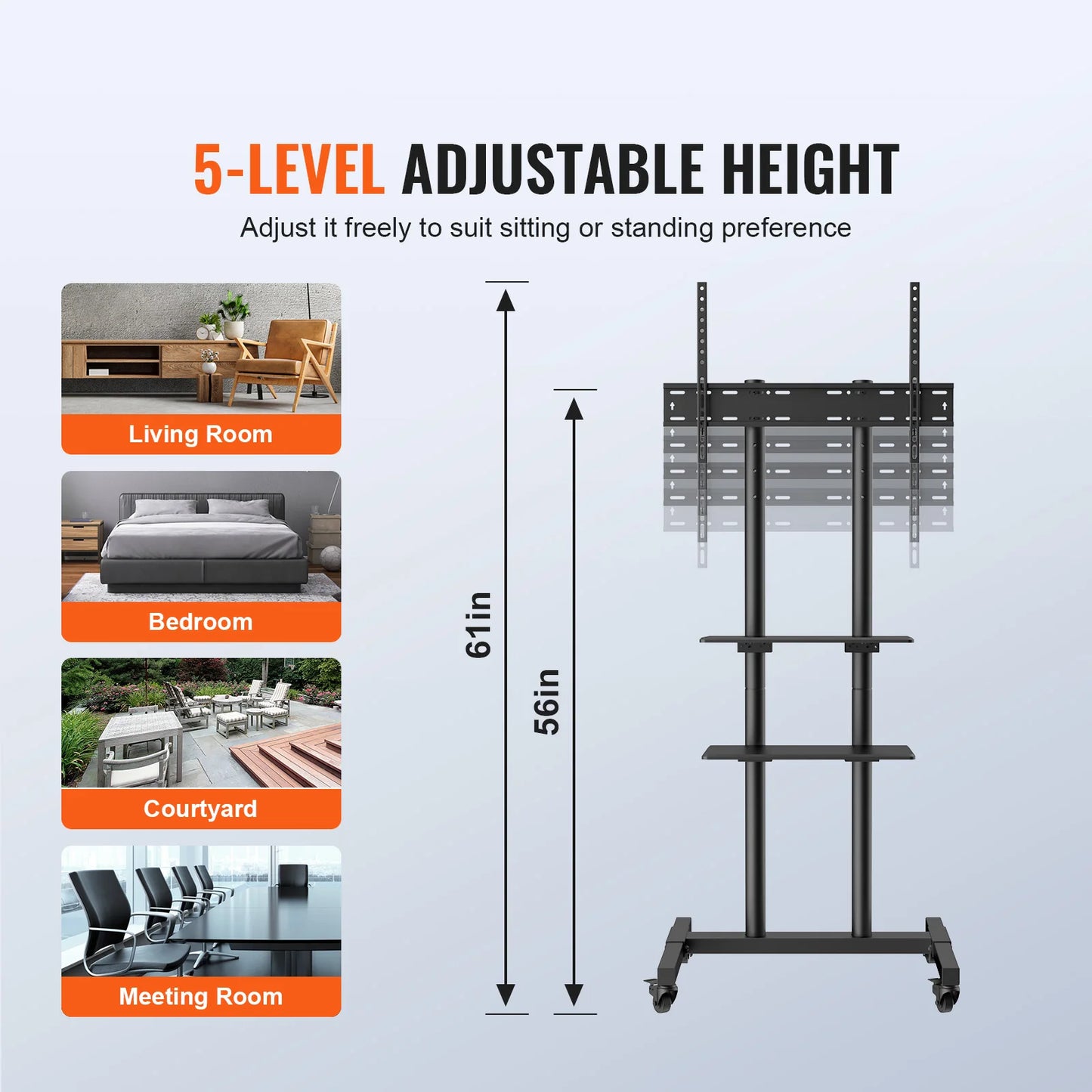 SucceBuy Mobile TV Stand Height Adjustable TV Stand w/ Wheels Double Tray for Audio-Visual Devices Rolling TV Stand for Bedroom
