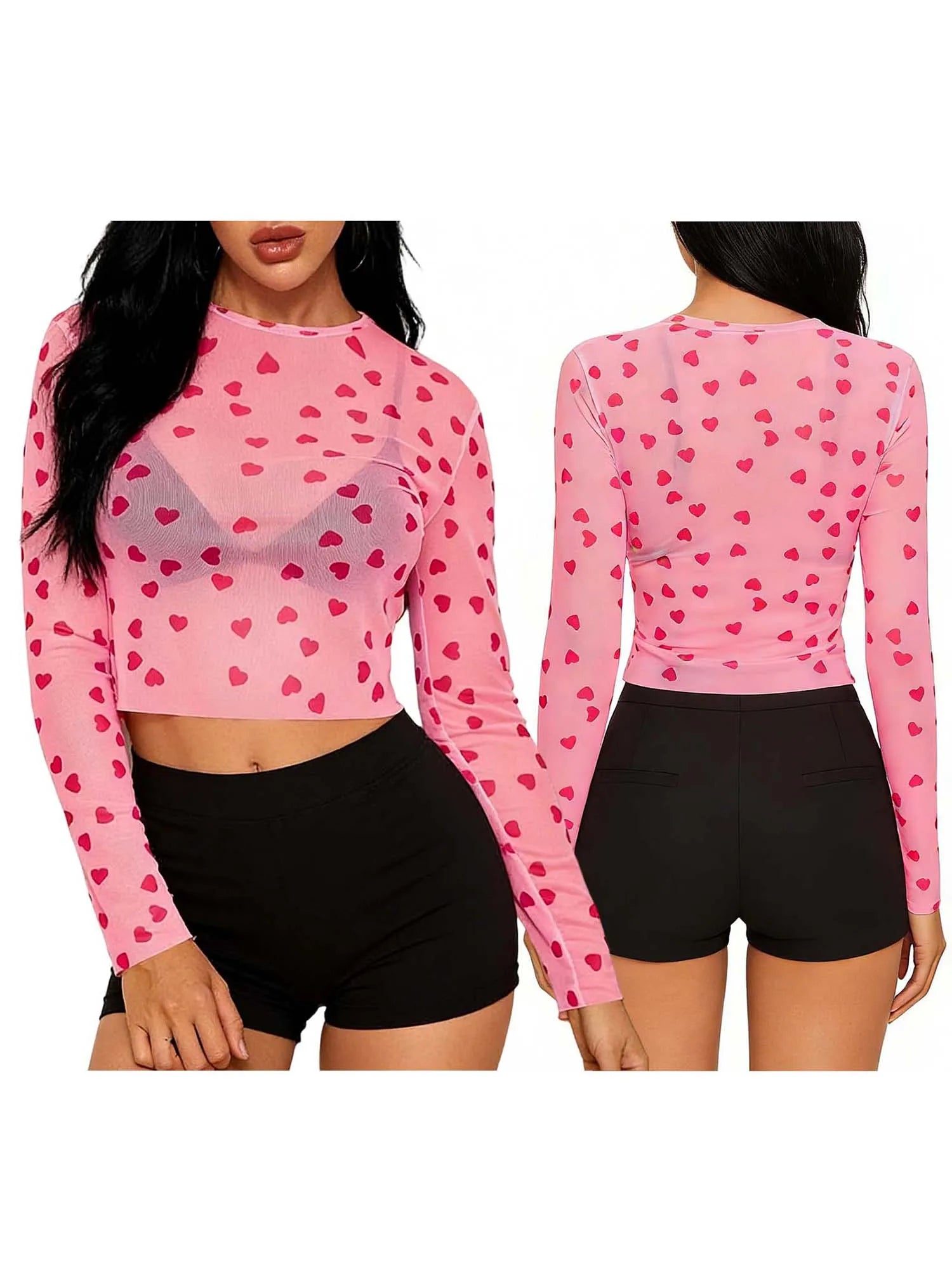 Heart Print Mesh Long Sleeve Crop Top