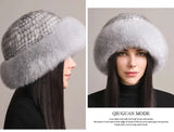 Genuine Knitted Mink Fur Hat with Fox Fur Brim