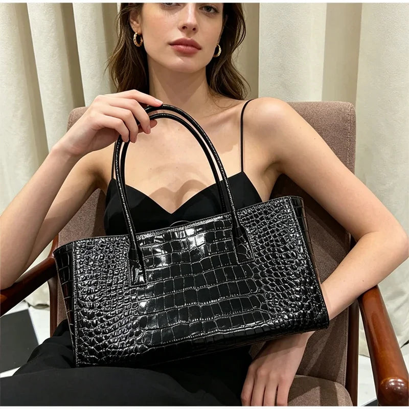 Crocodile Grain Embossed Top Handle Handbag,Luxury Tote Bag,Commute Work Chic Everyday Women Underarm Shoulder Bag,Black,Green