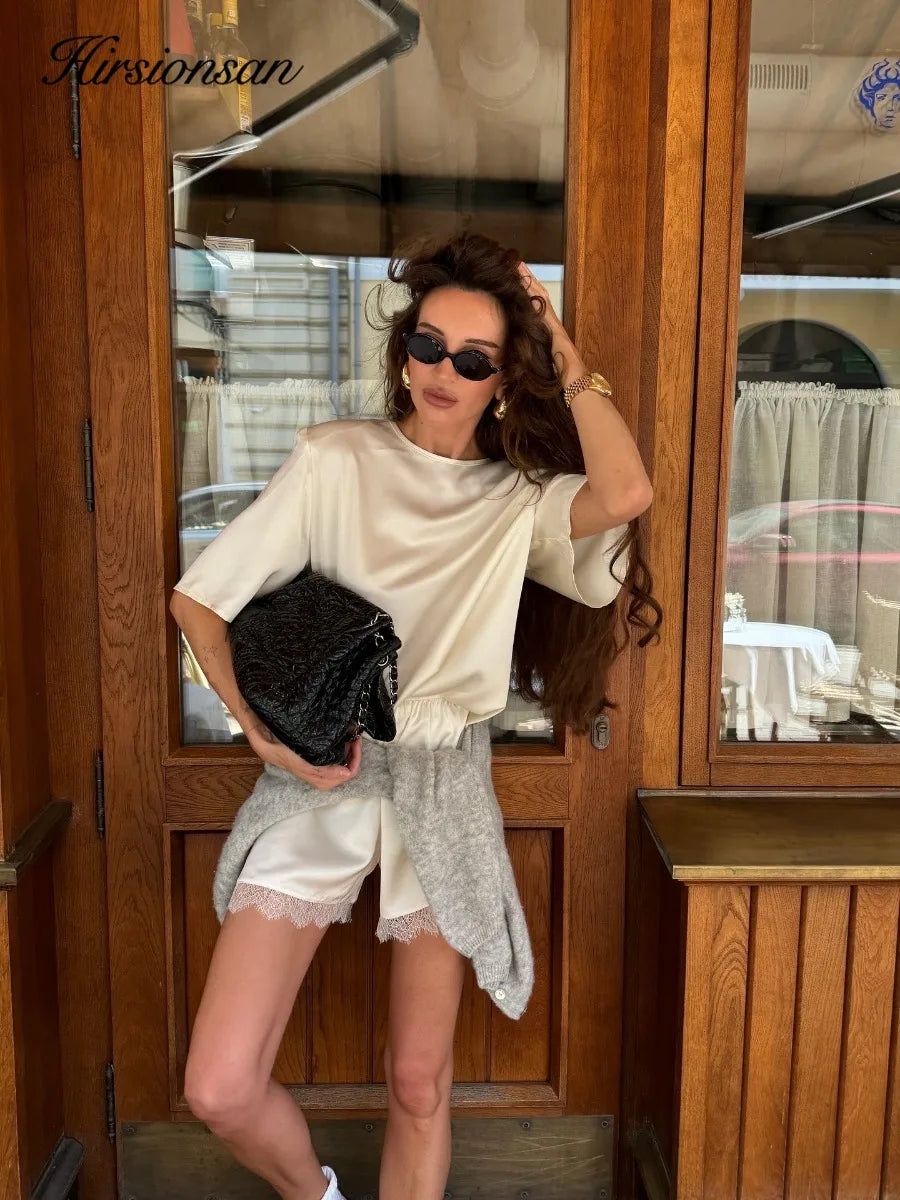 Hirsionsan Loose Sets Women Two Pieces Short Tops & Lace Patchwork Shorts Elegant Female High Quality Outfits Soft Tracksuit