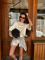 Hirsionsan Loose Sets Women Two Pieces Short Tops & Lace Patchwork Shorts Elegant Female High Quality Outfits Soft Tracksuit