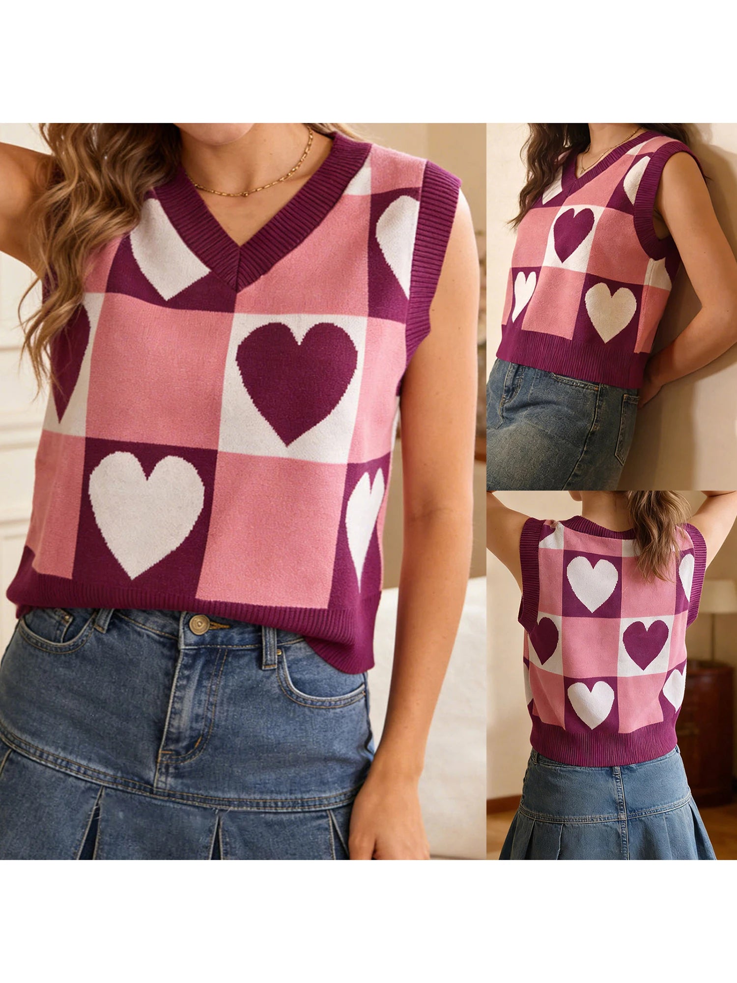 Plaid V-Neck Sleeveless Vest