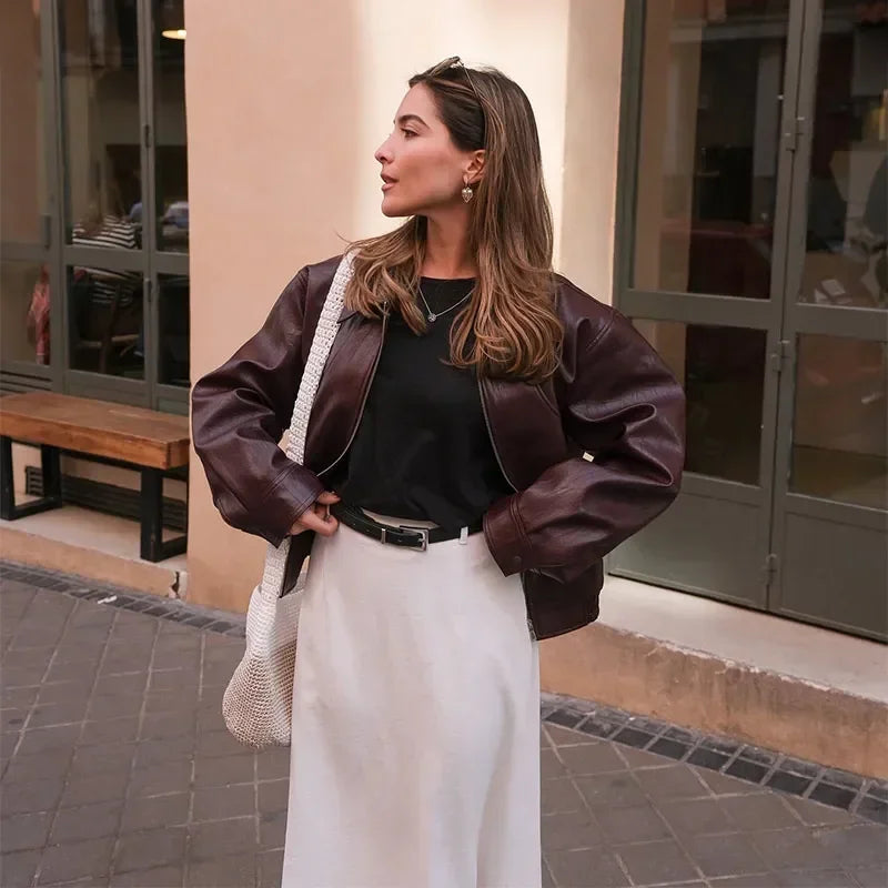 Vintage Wine Red Loose Short Leather Jacket Women Fashion Lapel Long Sleeves Zipper Cropped Coat 2025 Autumn Lady Street Outwear