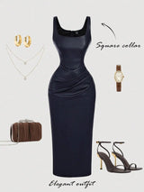 Women's Elegant Burgundy Sleeveless Fitted PU Dress