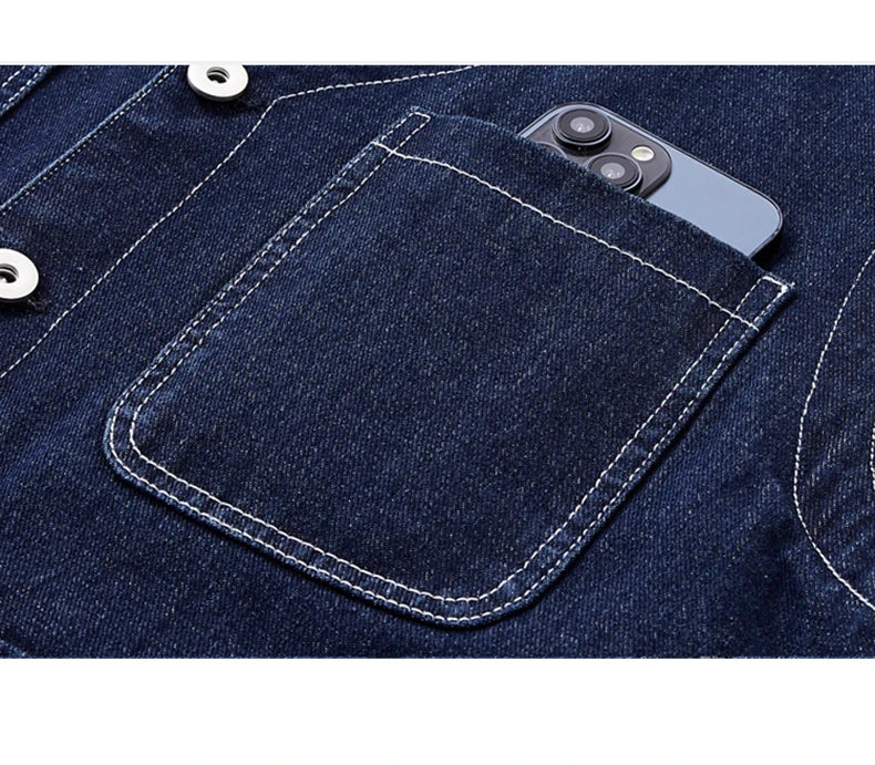 Men Jean Vest Outerwear Denim Waistcoat Multi-pocket Cargo Denim Jacket Blue Sleeveless Coat Retro Fashion Motorcycle Vest