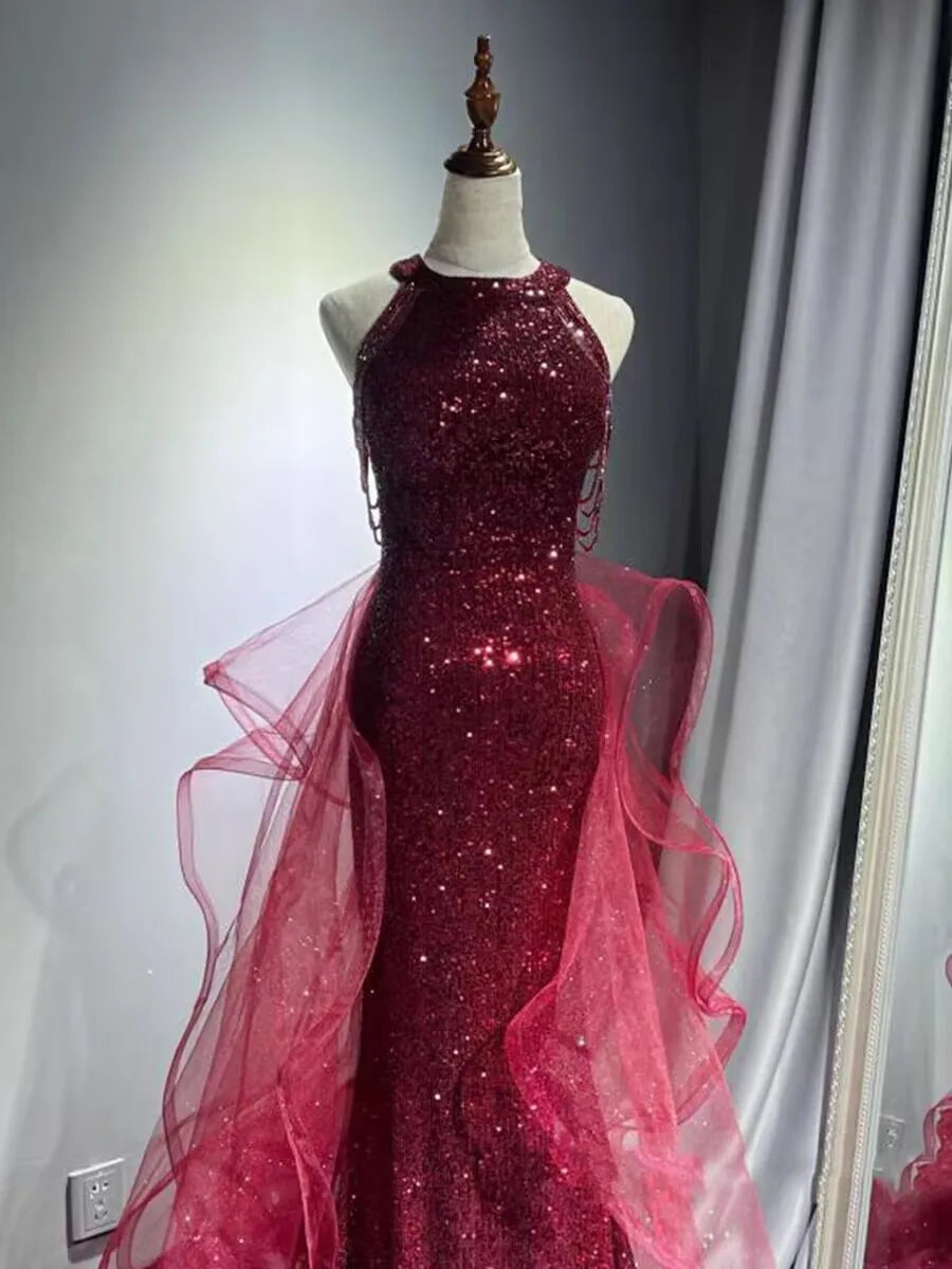 Elegant Sparkling Halter Evening Gown with Beading & Sweep Train