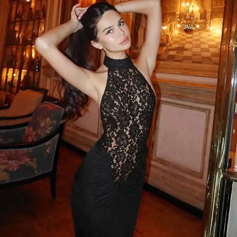 Lace Halter Backless Maxi Dress - Off-Shoulder Bodycon Party Gown