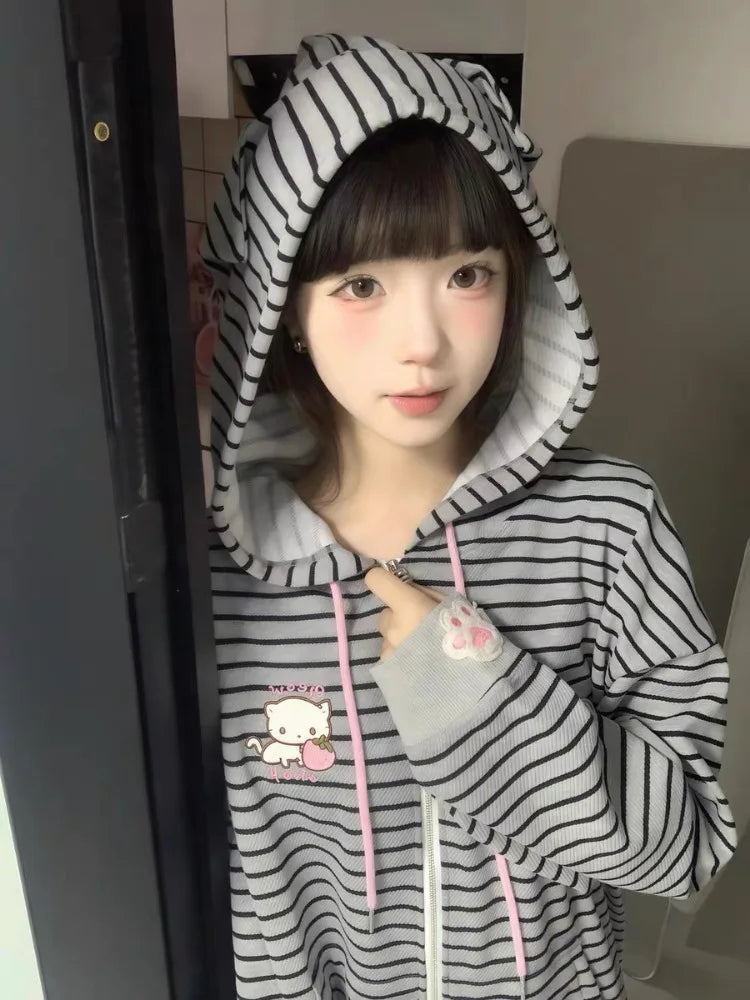 Women's Striped Cat-Ear Zip-Up Hoodie