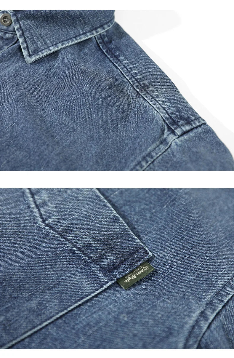 Retro American Washed Denim Jacket Loose Casual Long Sleeve Shirt for Men Autumn Fashion Urban Style Cotton Machine Washable