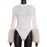 FAGADOER Winter New Sexy Fur Patchwork 2 Pieces Set for Woman Outfits Long Sleeves Bodycon Playsuits + Shorts Female Streetwear
