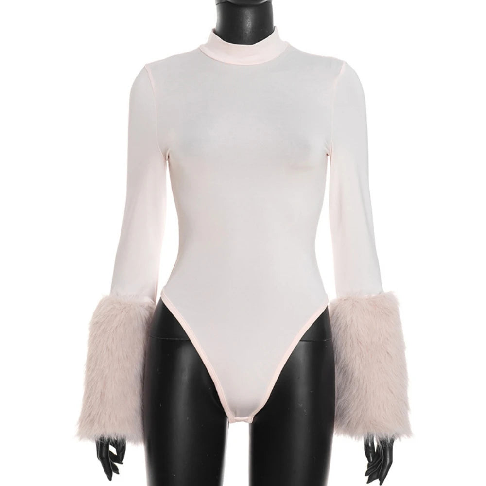 FAGADOER Winter New Sexy Fur Patchwork 2 Pieces Set for Woman Outfits Long Sleeves Bodycon Playsuits + Shorts Female Streetwear