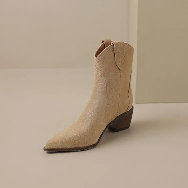 2026 Autumn Cow Suede Women Boots Pointed Toe Chunky Heel Boots for Women Fashion Short Boots Winter Boots Women Western Boots