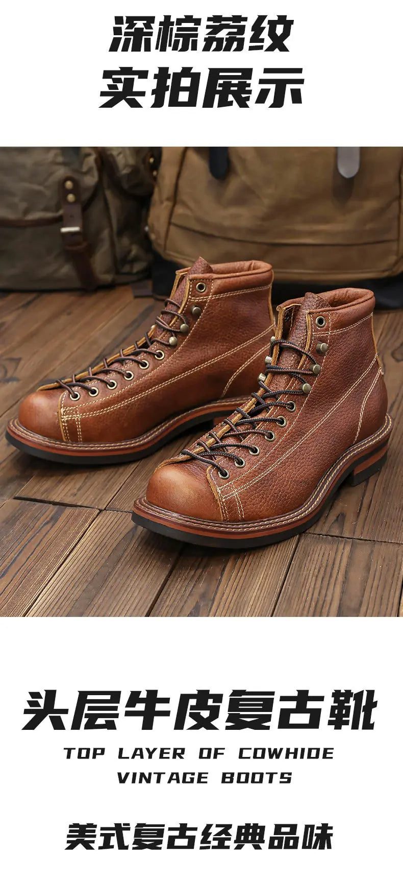 KOWM Hiking shoes men's walking boots British thick soled cowhide high top motorcycle boots ankle sneakers  casual trekking shoe