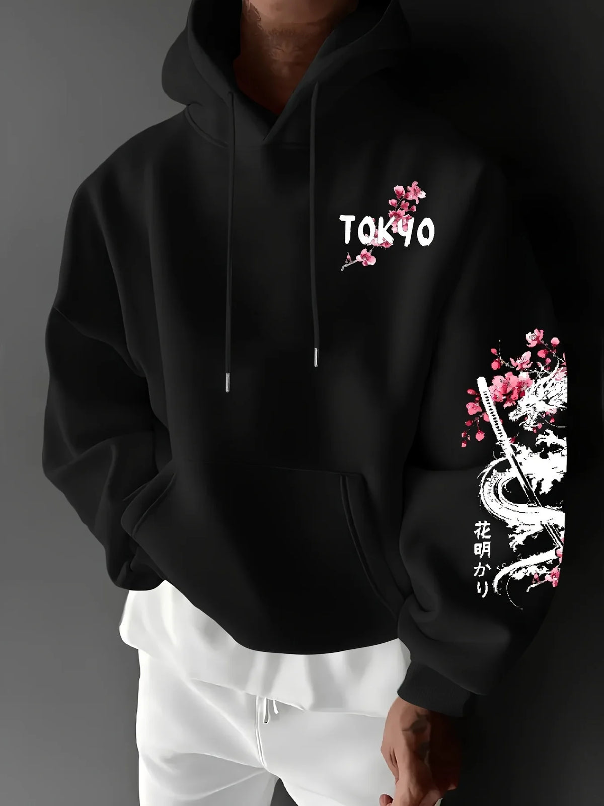Men's Dragon & Cherry Blossom Print Hoodie