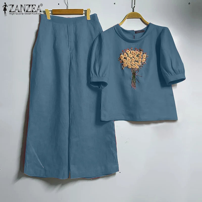 Floral Embroidery Linen-Style 2-Piece Set