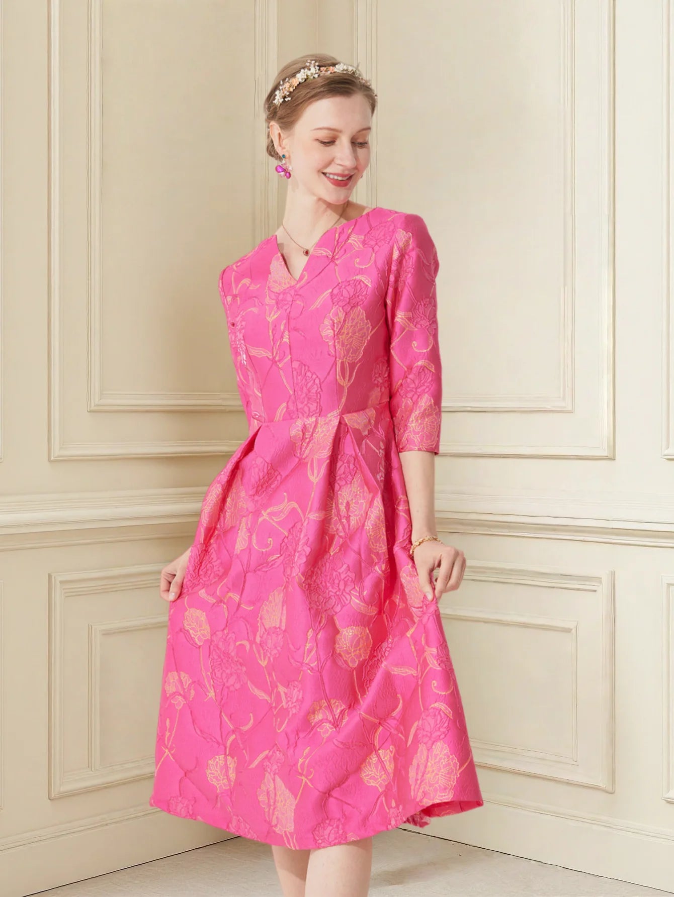 Women's Rose Jacquard V-Neck A-Line Party Dress