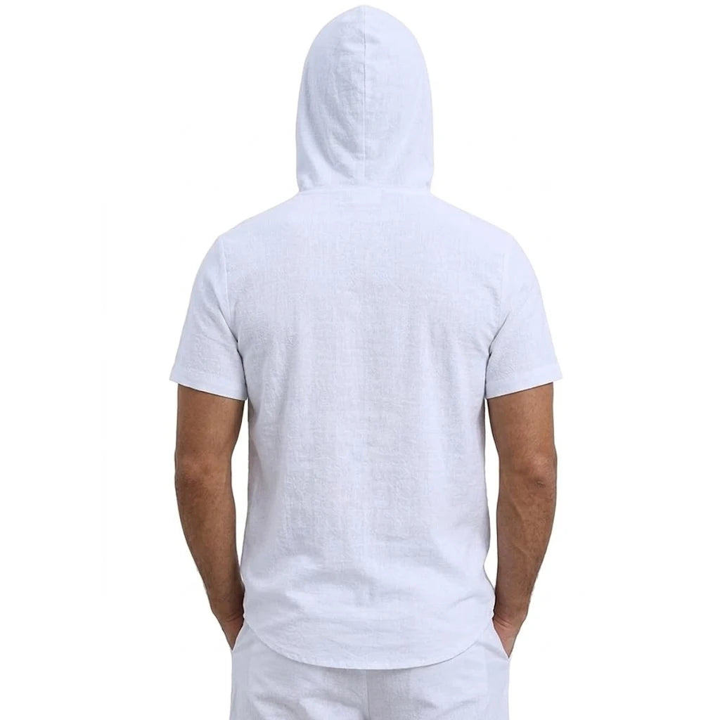 Men's Linen Cotton Hooded Shirt — Lightweight Short Sleeve Button Top