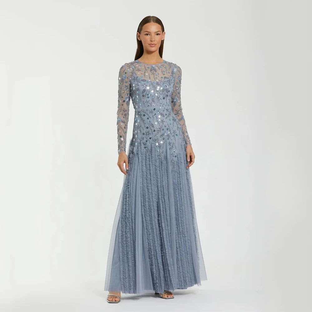 Customized Gray Tulle High Quality Evening Dress Scoop for Floor-Length with Beads A-line for Formal Evening Vestidos De Fiesta