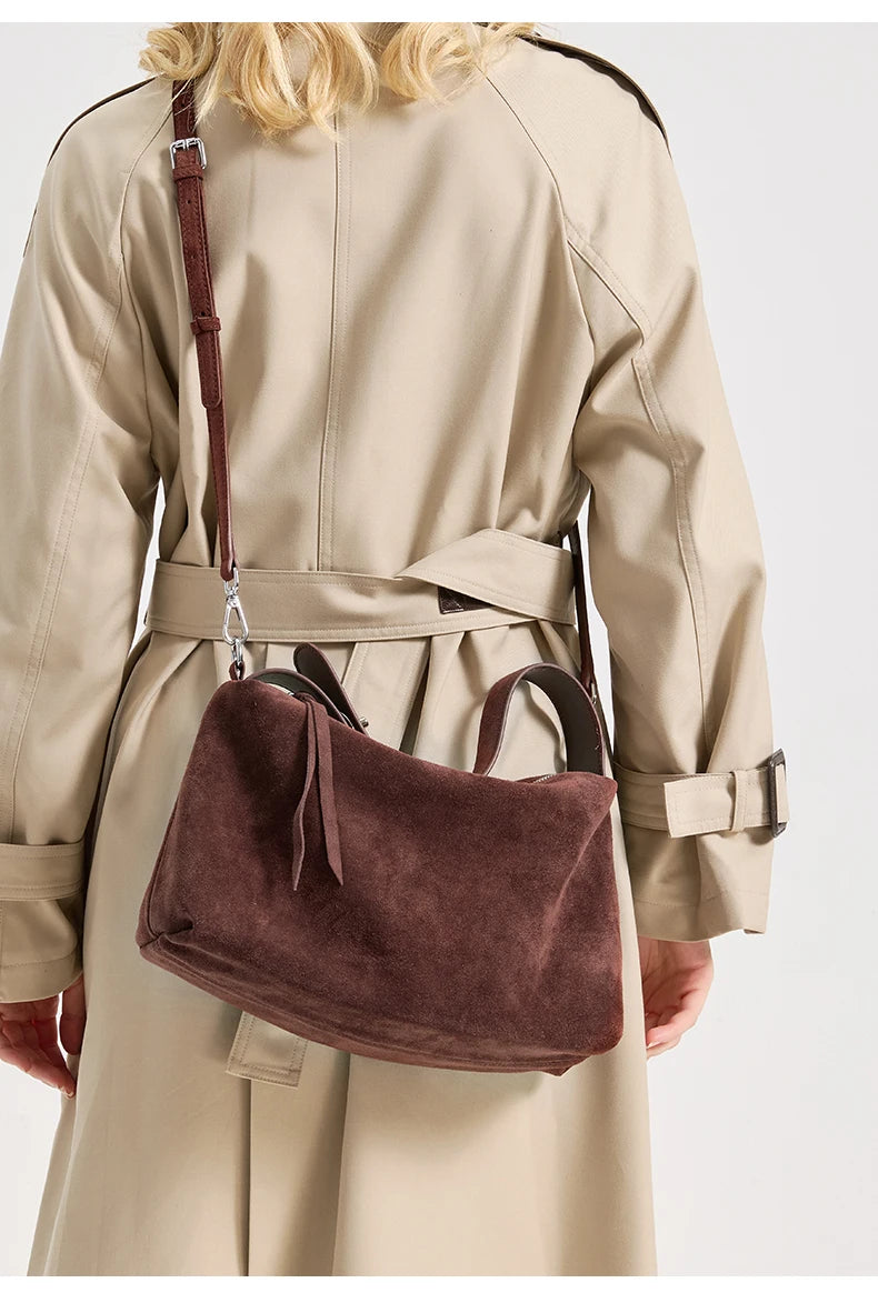Russian Women's Genuine Suede Cowhide Leather Shoulder Bag Retro Frosted Cow Large Capacity Versatile Commuting Luxury Designer