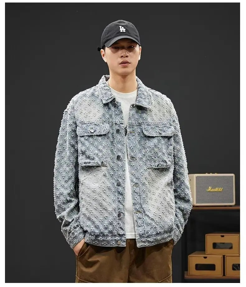 Fashionable Premium Jacquard Washed Denim Jacket for Men - Autumn New Arrival American Vintage Distressed Streetwear Style