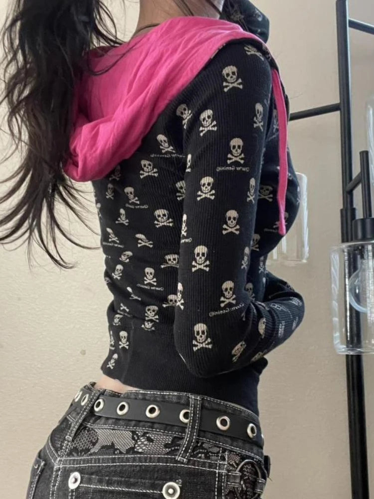 Women's Vintage Skull Print Zip-Up Hoodie