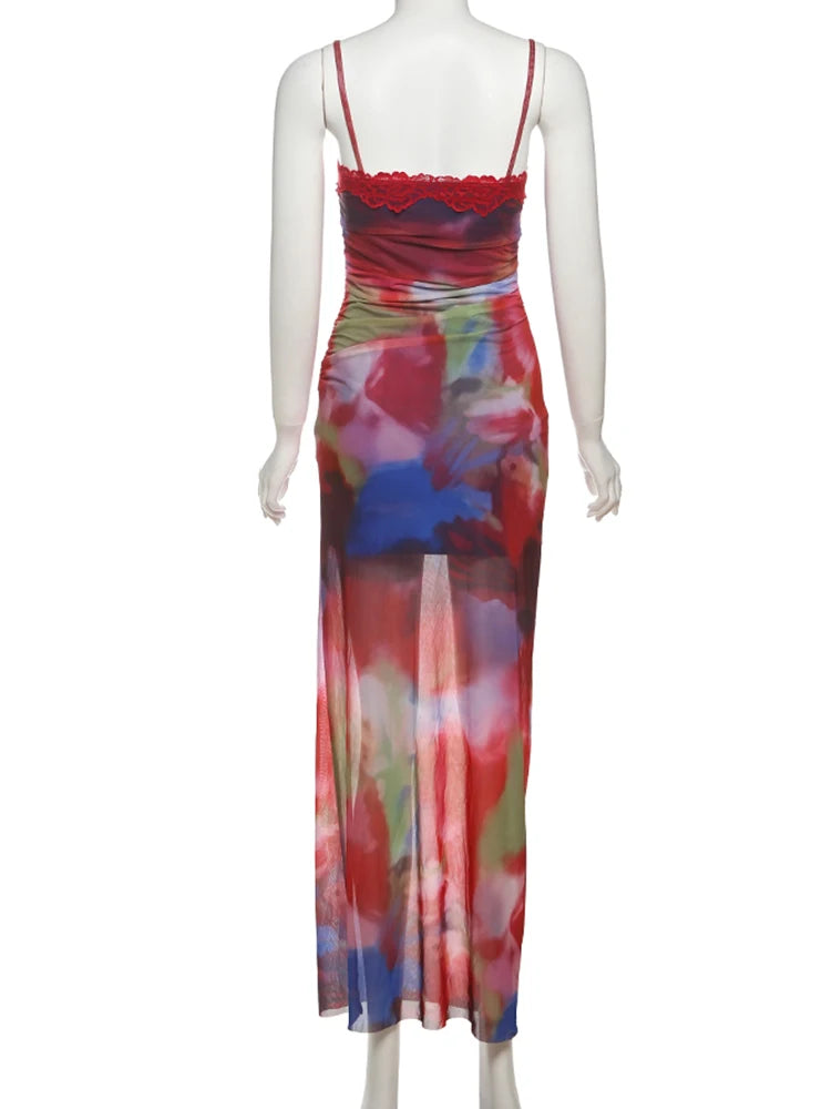 Colorful Lace Maxi Dress with Stretch Fit
