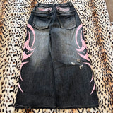 Y2K Dark Wash Wide Leg Jeans with Pink Flame Embroidery